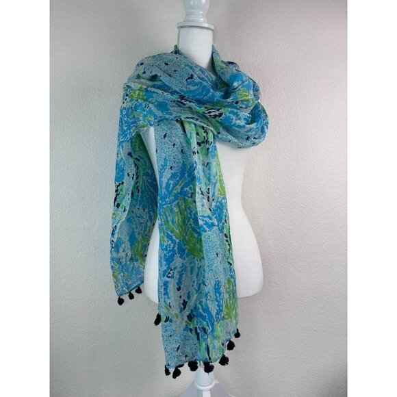 Lilly Pulitzer women's blue spa lets cha cha‎ murfee scarf silk cashmere NWT - Picture 1 of 8